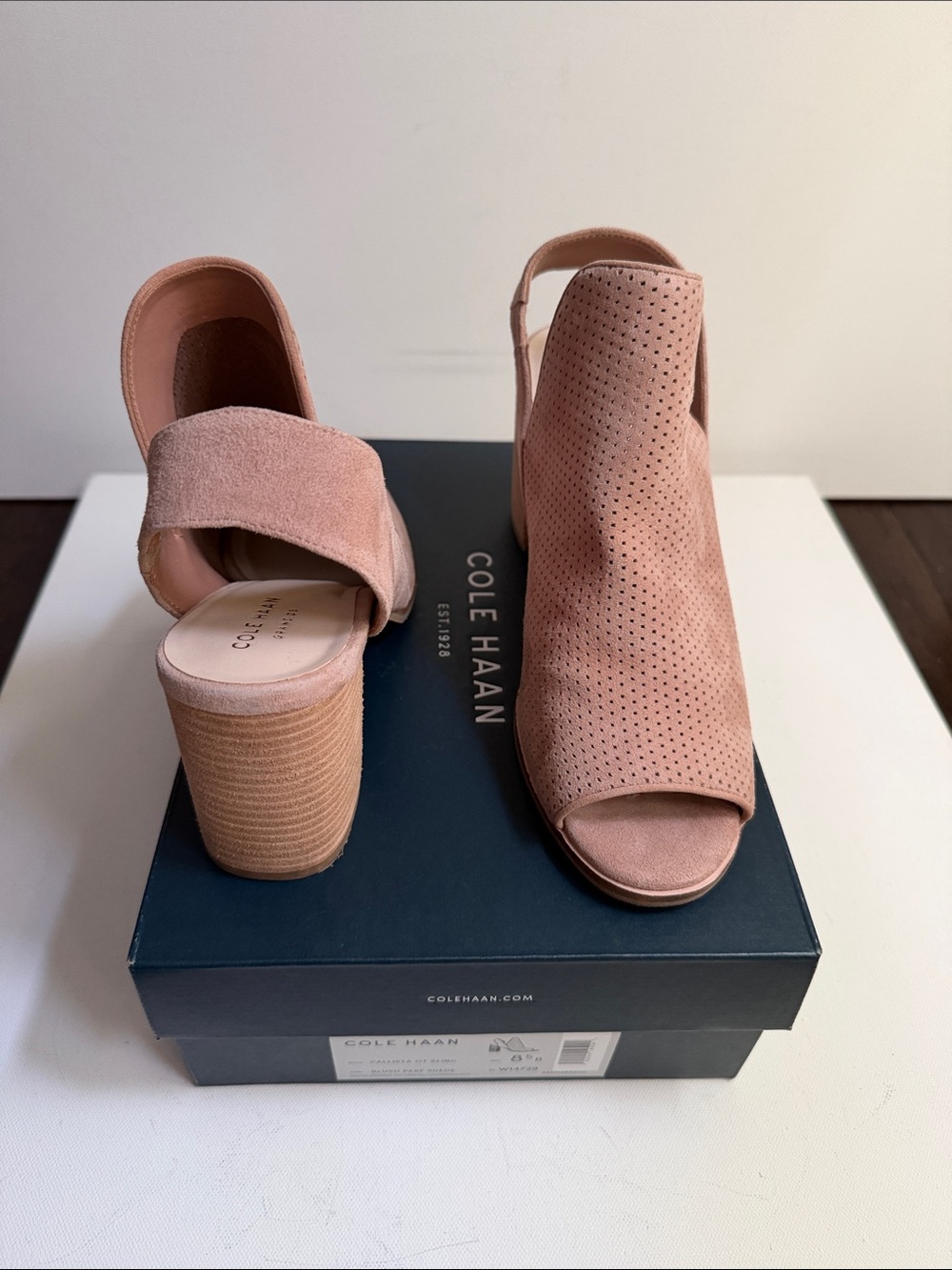 Cole Haan Blush Suede Perforated Open-Toe Slingback Block Heels
